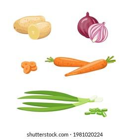 Conjunto De Verduras Frescas. Cebollas rojas y verdes, zanahorias, papas. Plantas enteras y medias.