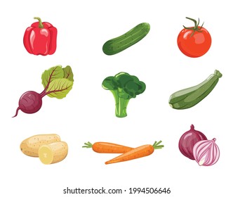 Conjunto De Verduras Frescas. Cebollas Rojas. Zanahoria. Patatas. Tomates. Cucumber, Broccoli y Beet Zucchini Bell Pepper