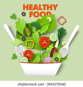 Fresh vegetable slices falling into the bowl, vector illustration in paper art style. Healthy diet, vegetarian food. Cooking salad. Healthy food poster, banner design template.