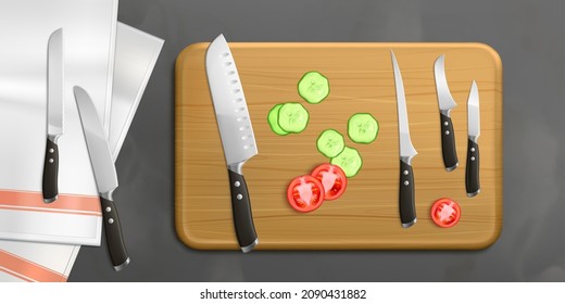 Cortes de verduras frescas en la tabla de corte con cuchillos y manteles con vistas en la parte superior. Cocina de alimentos en cocina, tomate y pepino en plancha de madera rectangular, ilustración vectorial 3d realista