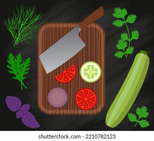 Frische Gemüseschneiden, die mit Messer und Draufsicht auf dem Brett liegen. Essen kochen in der Küche. Tomate, Zwiebeln und Zucchini schneiden auf rechteckigem Holzputz und mit Kräutern.