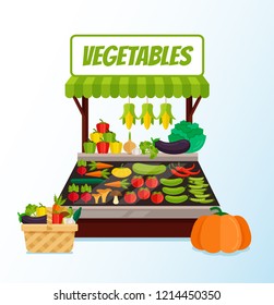 Fresh vegetable street store market full of fresh vegetables. Vector flat cartoon graphic design isolated illustration