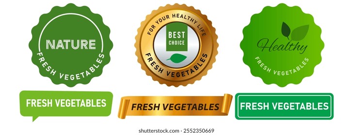 Fresh vegetable vegan vegetarian healthy product food quality health brand market leaf plant logo stamp green badges emblem button medallion medal ribbon banner label sticker design icon set