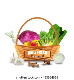 Fresh vegetable in wicker basket isolated on white.vector