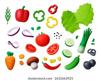 Fresh vegetables 3d. Isolated salad, tomatoes, cucumber, carrot, bell and hot chilli peppers, onion, olives. Full and slices vegetable, realistic vector set