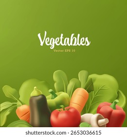Fresh vegetables, 3D. Realistic image of vegetables on a green background. For concepts of naturally ecologically grown vegetables, promotional offers. Vector illustration.