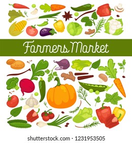 Fresh vegetables advertisement with organic healthy vegetarian products and greenery from farm full of vitamins isolated cartoon flat vector illustrations with sample text on white background.