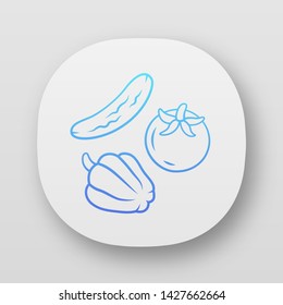 Fresh vegetables app icon. Vegetarian diet and healthy eating UI/UX user interface. Organic vegan food web or mobile application. Cucumber, tomato and bell pepper vector isolated illustration