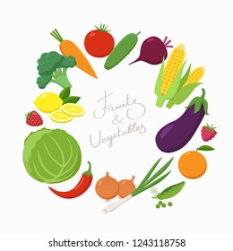 Fresh Vegetables around the text place in flat design isolated on white background. Vegetarian food concept vector illustration. Round frame of various fruits and vegetables and lettering text inside