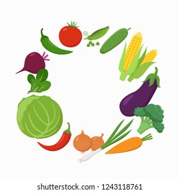 Fresh Vegetables around the text place in flat design isolated on white background. Vegetarian food concept vector illustration. Round frame of various vegetables.