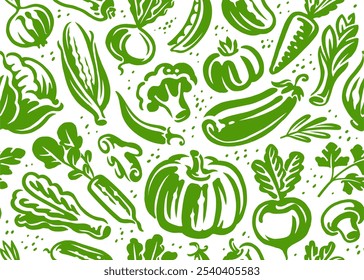 Fondo de verduras frescas. Mercado de agricultores, concepto de agricultura. Ilustración vectorial de patrón sin costuras