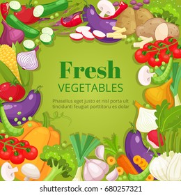 Fresh vegetables background. Farmers market menu design. Organic food poster. Cartoon style vector illustration.