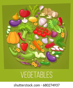 Fresh vegetables background. Farmers market menu design. Organic food poster. Cartoon style vector illustration.