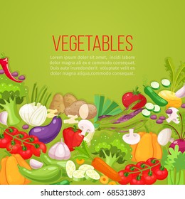 Fresh vegetables background. Farmers market menu design. Organic food poster. Cartoon style vector illustration.