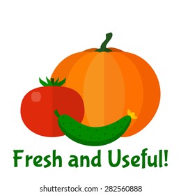Fresh vegetables background. Flat vector illustration for your design. Colorful template for cooking, restaurant menu and vegetarian food