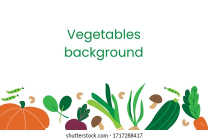 Fresh vegetables background with space for text. Template for menu design, postcards, invitations. Vegetables on a white background. Flat vector illustration