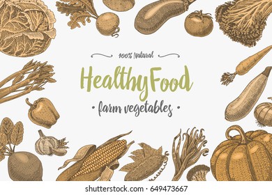 Fresh vegetables background with space for text, hand drawn or engraved, vintage, retro looking plants, vegetarian and healthy food