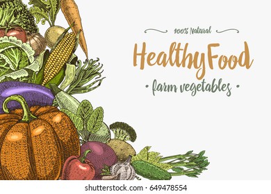 Fresh vegetables background with space for text, hand drawn or engraved, vintage, retro looking plants, vegetarian and healthy food