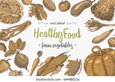 Fresh vegetables background with space for text, hand drawn or engraved, vintage, retro looking plants, vegetarian and healthy food