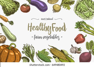 Fresh vegetables background with space for text, hand drawn or engraved, vintage, retro looking plants, vegetarian and healthy food