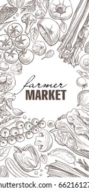 Fresh vegetables background with space for text, hand drawn or engraved, vintage, retro looking plants, vegetarian and healthy food