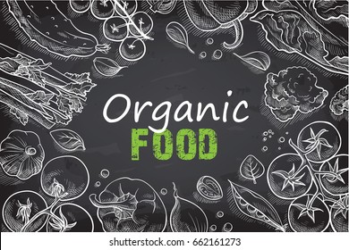 Fresh vegetables background with space for text, hand drawn or engraved, vintage, retro looking plants, vegetarian and healthy food