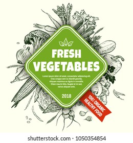 Fresh vegetables banner concept. Hand drawn vegetables set. Template for your design works. Engraved style vector illustration.