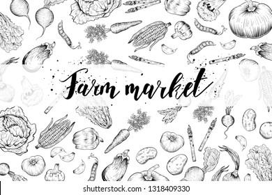 Fresh vegetables banner, farm market, vector