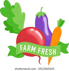 Fresh vegetables with a banner reading Farm Fresh. Organic beet, eggplant, carrot, and spinach leaves. Healthy food and organic farming vector illustration.