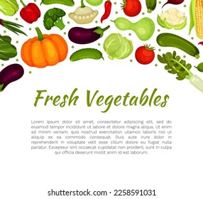 Fresh vegetables banner template with space for text. Farm organic vegetables, fresh healthy food card, poster cartoon vector