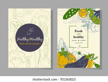 Fresh vegetables banner. Vector concept for ecomarket, organic farm labels, restaurant menu. Hand drawn style.