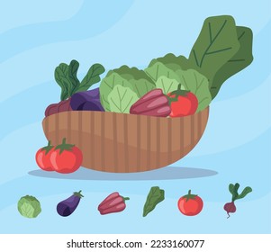 verduras frescas en icono de canasta