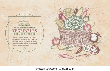 Fresh vegetables in basket. Vintage renaissance background. Medieval manuscript, engraving art 