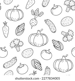 Fresh vegetables black and white seamless pattern in cartoon style. Healthy food doodle background for coloring page with pumpkin, corn, broccoli, carrot. Vector illustration