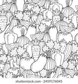 Fresh vegetables black and white seamless pattern. Doodle coloring page with healthy food. Outline print with eggplant, broccoli, tomato, etc. Vector illustration