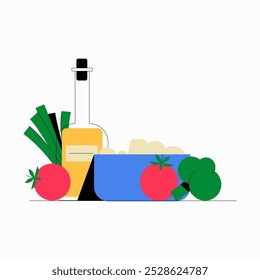  Fresh vegetables with bottle of oil in flat vector illustration symbolizing healthy cooking, organic ingredients, and nutrition, isolated on white background