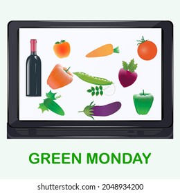 Fresh vegetables and a bottle of wine on the computer screen. Online shopping. Green Monday, Dec 14 Grocery delivery to your home. Christmas. Vector illustration.