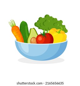 Verduras frescas en un bol o plato. Ilustración vectorial aislada en un fondo blanco.