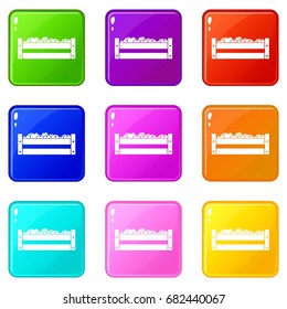Fresh vegetables in a box icons of 9 color set isolated vector illustration