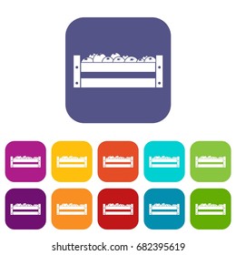 Fresh vegetables in a box icons set vector illustration in flat style in colors red, blue, green, and other