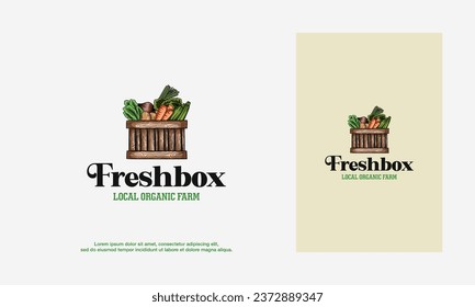 Verduras frescas en los diseños de los logotipos de las cajas. Alimentos naturales para el mercado de los agricultores. Ilustración vectorial dibujada a mano.
