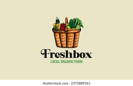 Verduras frescas en los diseños de los logotipos de las cajas. Alimentos naturales para el mercado de los agricultores. Ilustración vectorial dibujada a mano.
