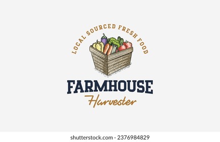 Fresh vegetables in box Logo designs. Natural food for farmers market. Hand drawn vector illustration.