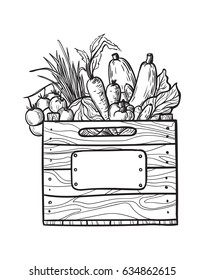 Fresh vegetables in box. Natural food for farmers market. Hand drawn vector illustration.