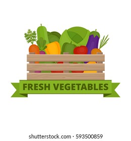 Fresh vegetables in a box. Vegetable garden. Organic and healthy food. Banner with vegetable. Flat style, vector illustration. 