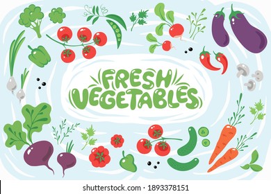  Fresh Vegetables. Bundle of healthy and tasty vegan products, wholesome vegetarian food. Flat cartoon vector illustration.
