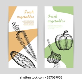 fresh vegetables cards with sketches. creative universal banners illustration