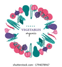Verduras frescas en círculo, plantilla de tarjeta para carteles, carteles y pancartas. Ilustración vectorial dibujada a mano en un estilo plano moderno, aislado en fondo blanco.