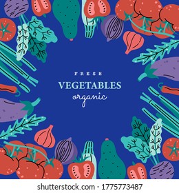Fresh vegetables in circle, cards concept for posters, placards and banners. Hand drawn vector illustration in modern flat style, isolated dark blue background.
