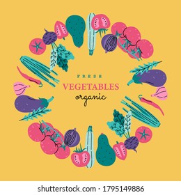 Verduras frescas en forma de círculo, plantilla de tarjeta para carteles, carteles y pancartas cuadradas. Ilustración vectorial dibujada a mano en estilo plano moderno, aislada en fondo amarillo.